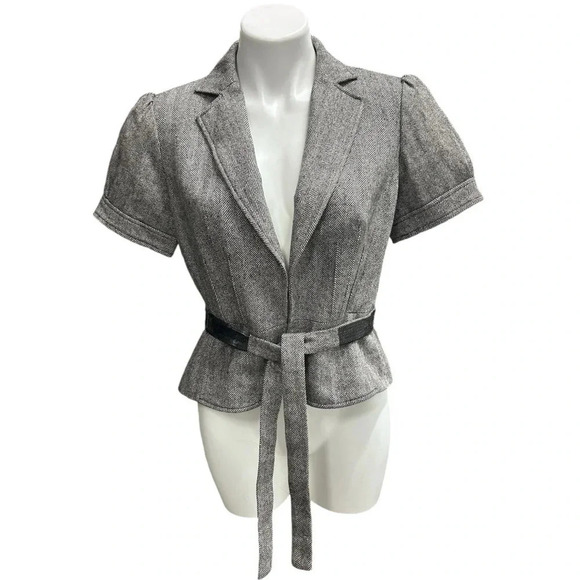 Ann Taylor LOFT Herringbone Tweed Fitted Short Sleeve Belted Blazer Jacket Twee - Picture 1 of 10